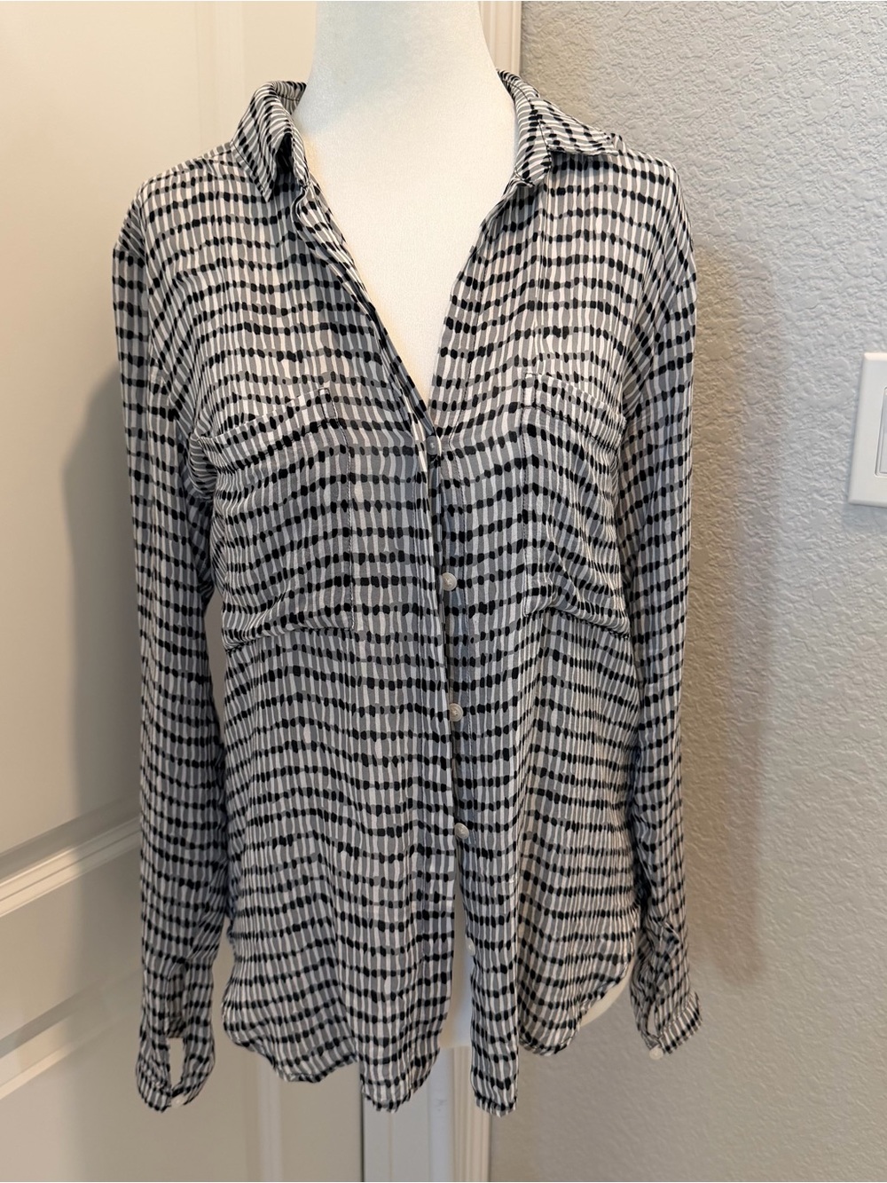 Black & White Patterned Button-Up Blouse